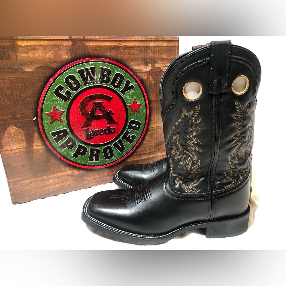Laredo Mens Kane Square Toe Black Leather Western Boots- Size 9.5 Brand New